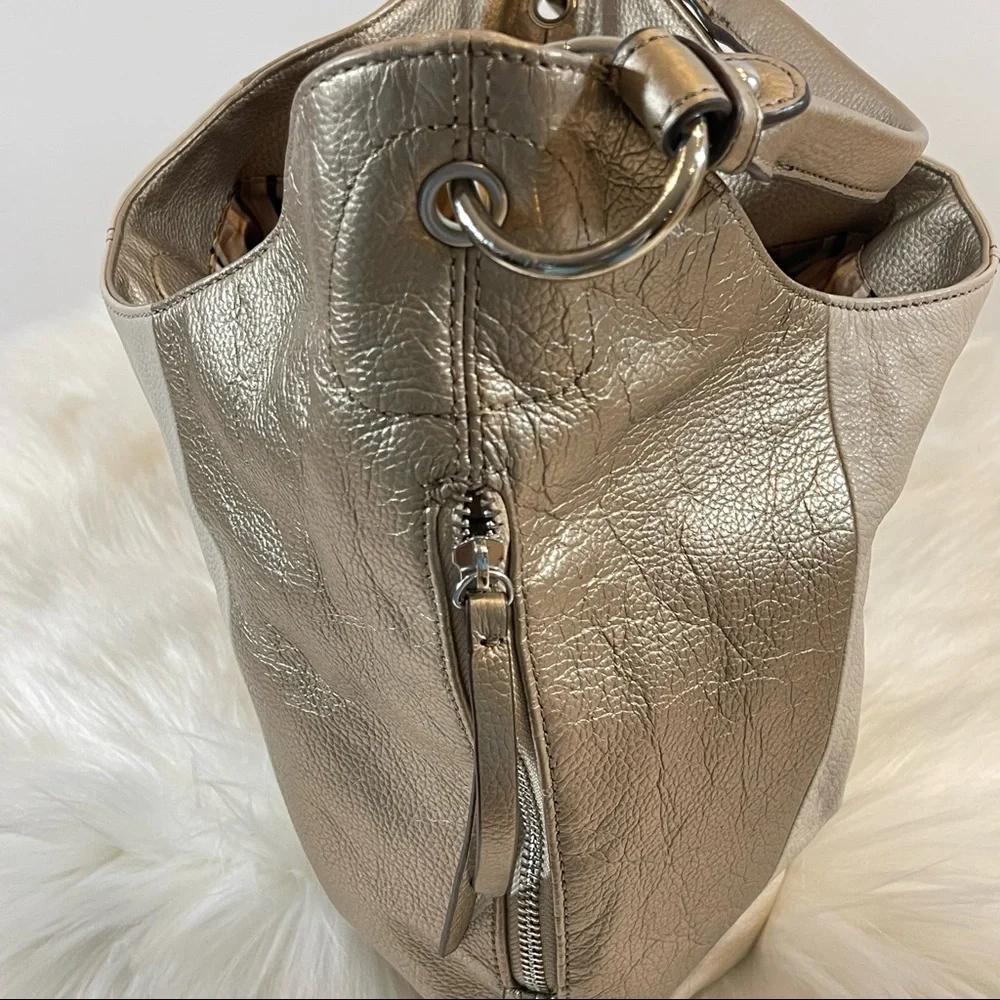 Leather Metallic Silver/Beige Hobo Shoulder Bag